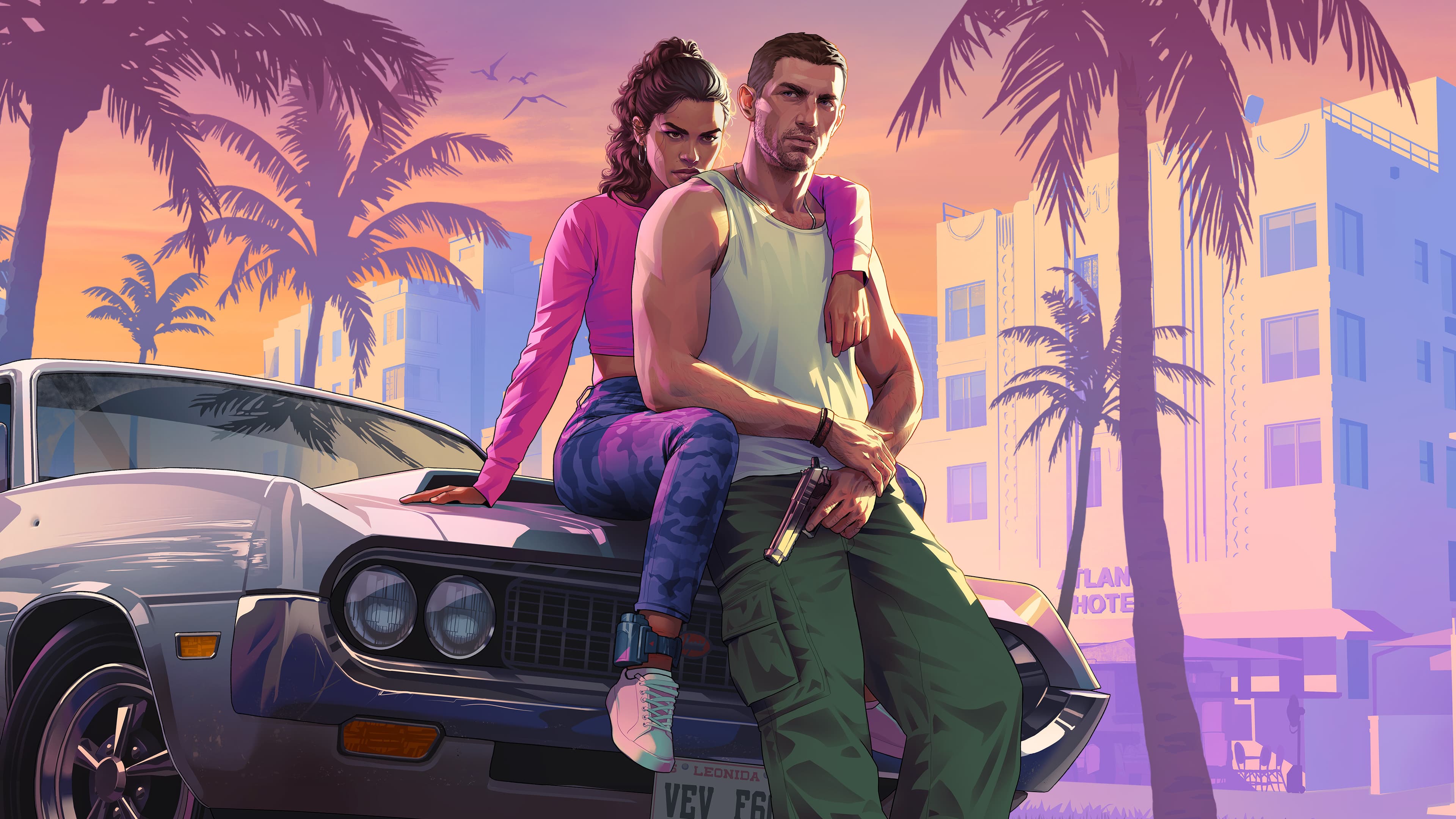 Jason and Lucia overlooking a neon coastal city